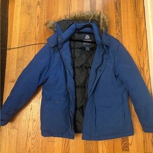 American Rag Cie Jacket Mens XL Blue Hooded Faux Fur Parka Puffer Insulated